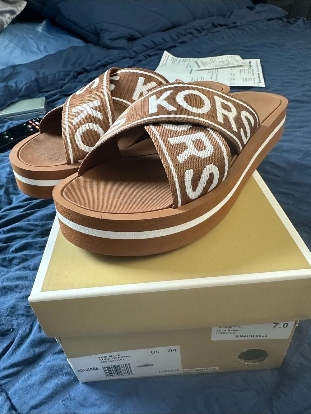 Michael Kors Brown and White Crossband Platform Sandals